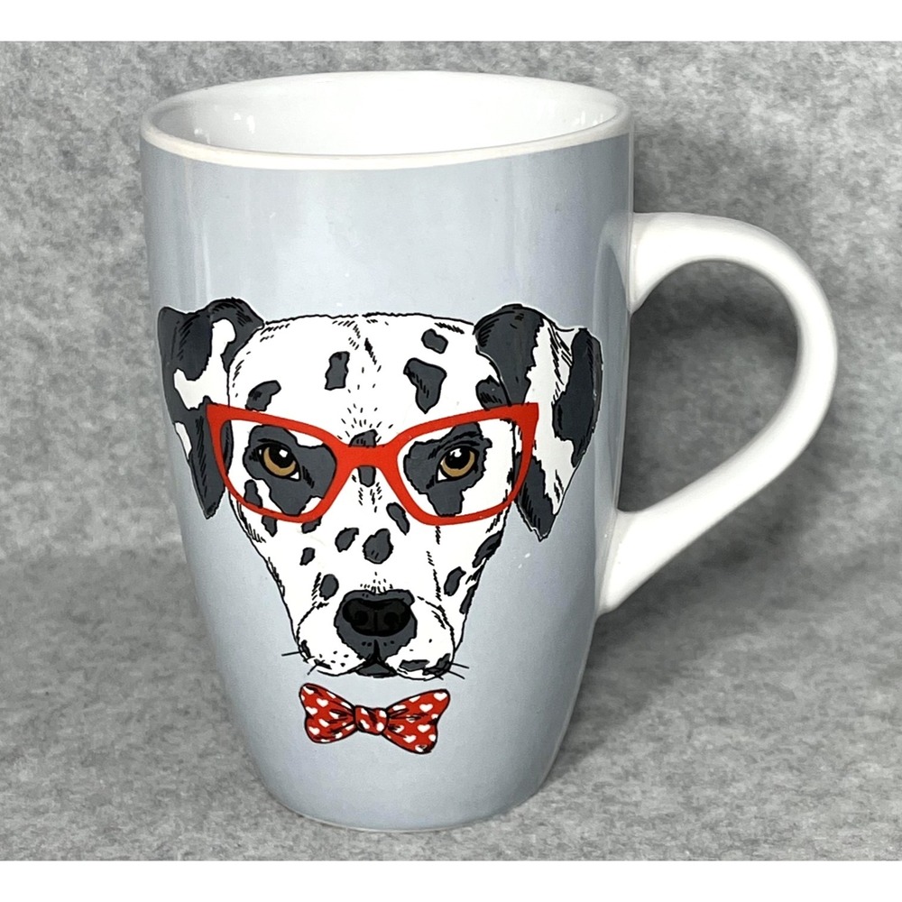 Dalmatian Dog Coffee Mug Gray Puppy Glasses Bow Tie Cup Puppy Lover Valentines‎